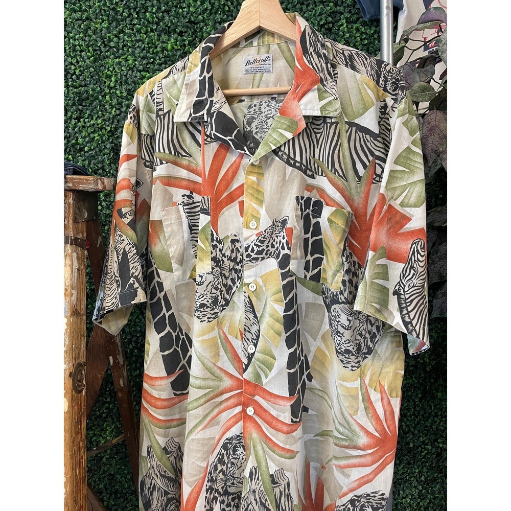 vtg 70s Bellcraft Zebra Safari Button-Up Shirt: tiki party hawaiian collar surf